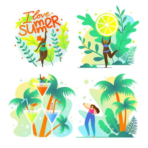 Set Poster I Love Summer Fruit and Exotic vector