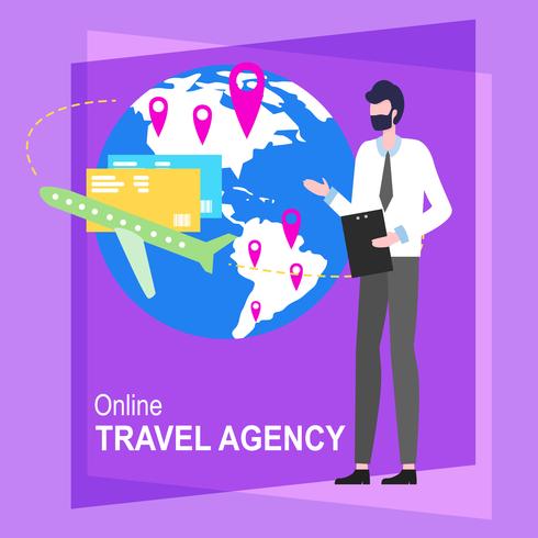 Agencia de viajes en línea Cartoon Man Worker vector