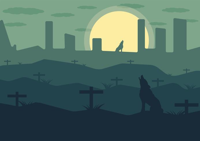 Wolf on the mountain with a grave at night vector