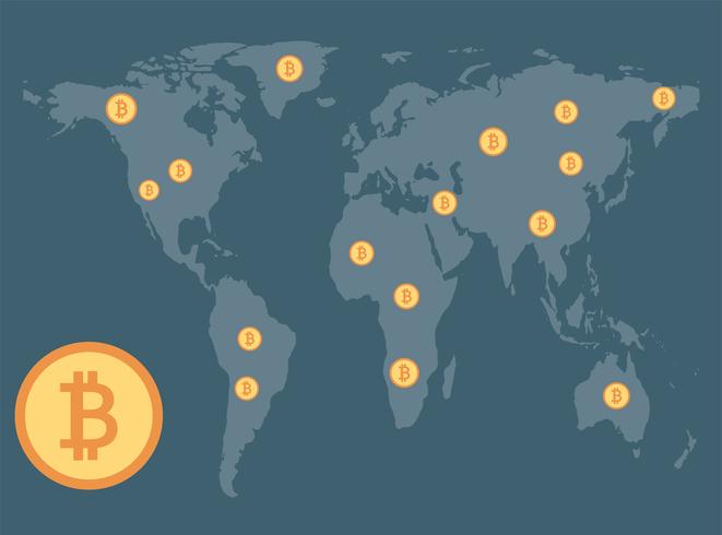 Bitcoins spread around on map vector