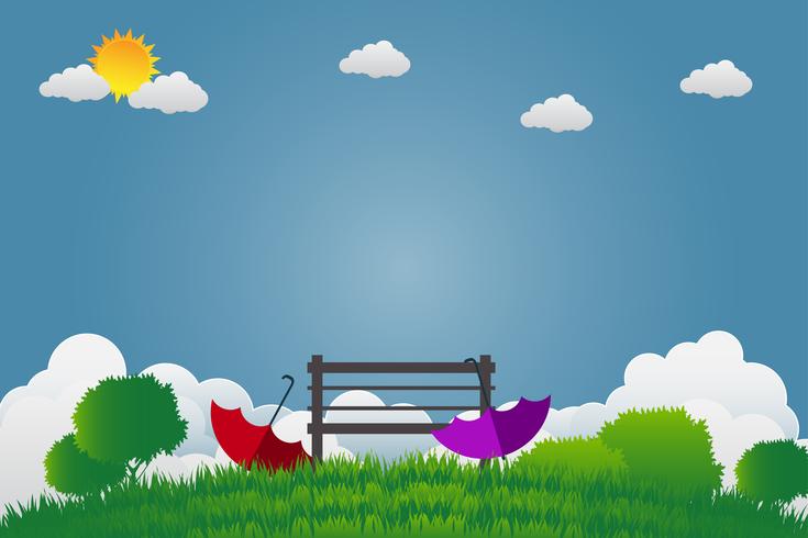 Two umbrellas and chair in a green garden vector