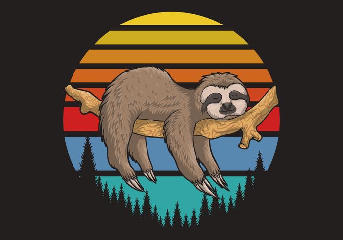 lazy Sloth on branch with Retro sunset vector