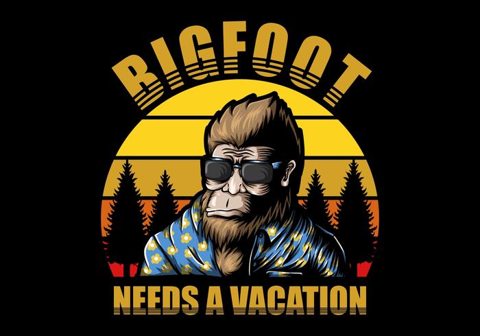 Bigfoot con árboles y puesta de sol retro vector