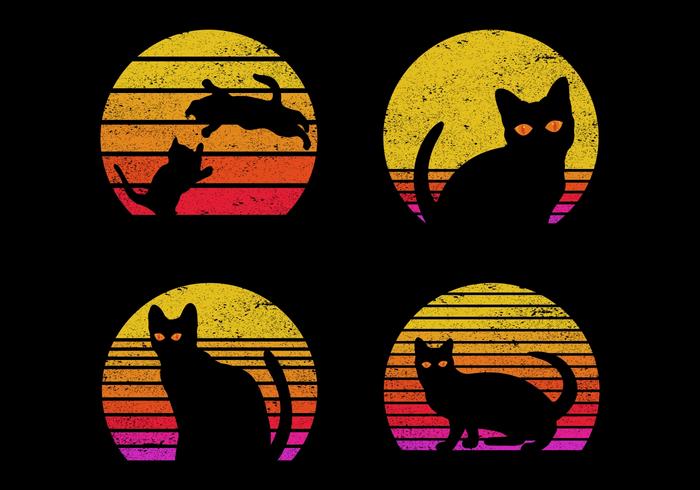 Conjunto de 4 gatos frente al amanecer vector