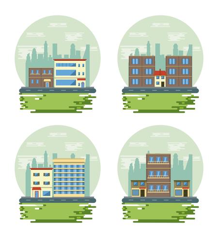 Conjunto de escenarios de vista de paisaje urbano de edificios urbanos vector