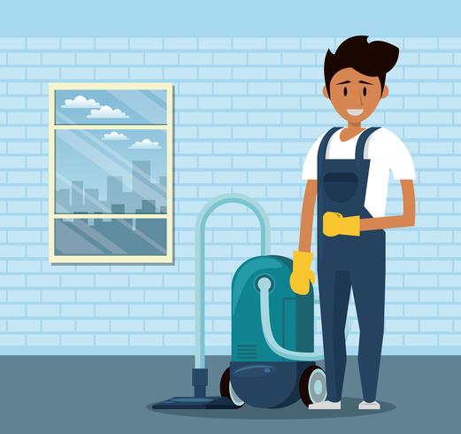 Cleaner with cleaning products housekeeping service man vector