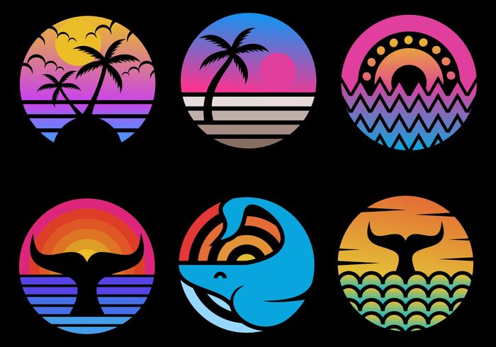 ocean sunset circle set vector