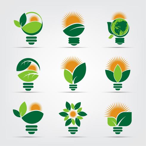ecología bulbo logotipos de verde con sol y hojas vector