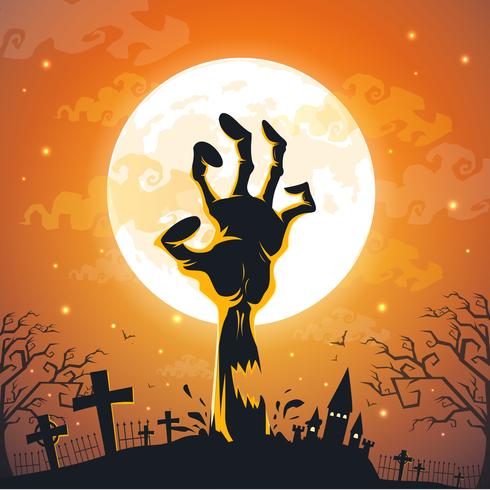 Halloween background with zombie hands on full moon. vector