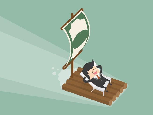 Business Man on Raft using Money as Sail vector