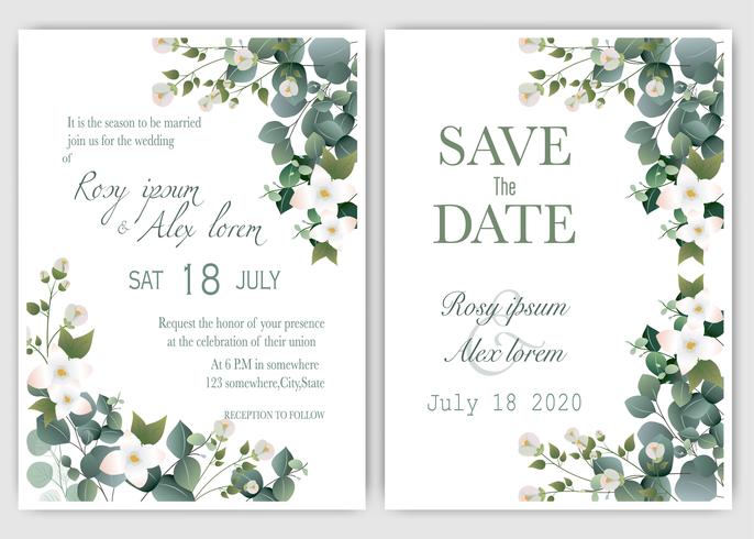 Invitación de boda verde y eucalipto vector