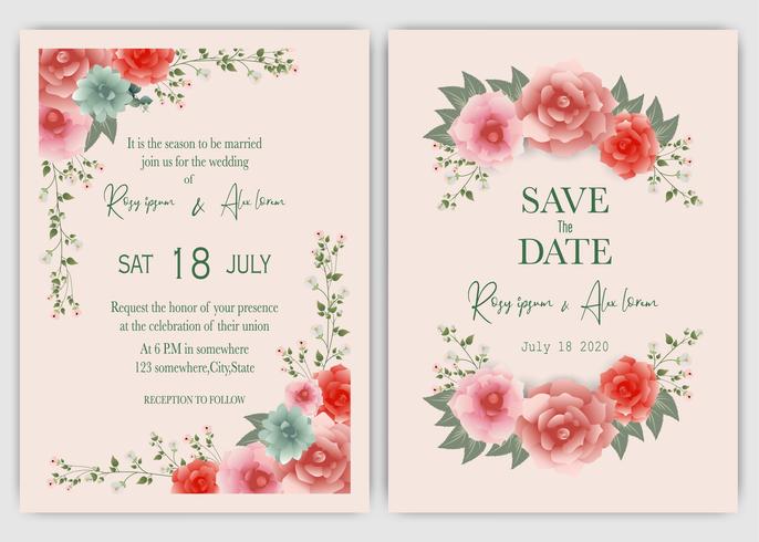 Pink Floral hand drawn wedding frame invitation vector