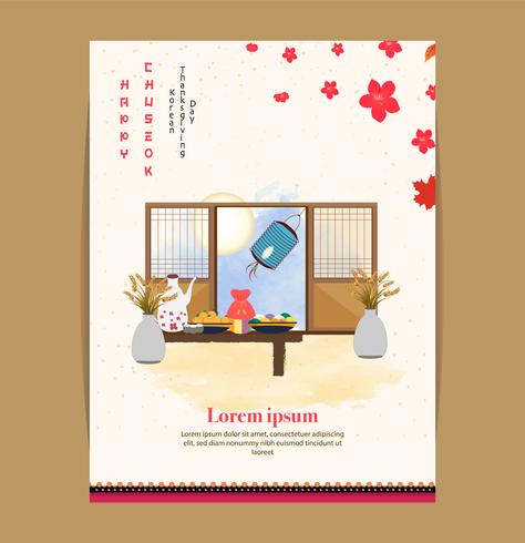 Chuseok oriental banner design.persimmon tree on full moon view background. vector
