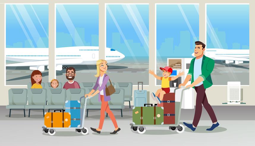 Family Carrying Baggage in Airport vector