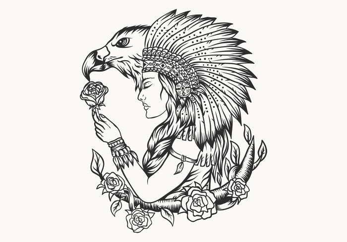 female native american and eagle vector