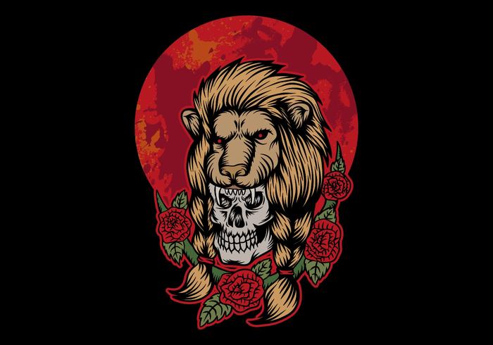 skull wearing lion head in front of red moon vector