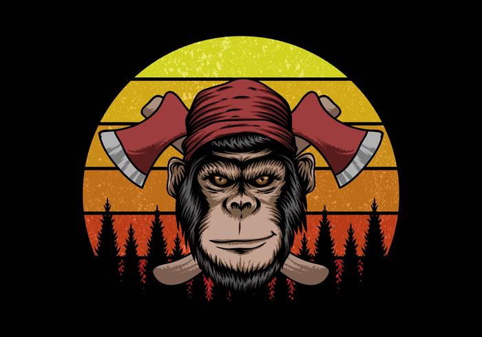 monkey lumberjack in front of retro sunset