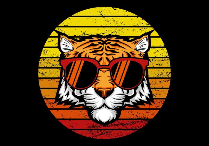 Tigre retro delante del atardecer vector