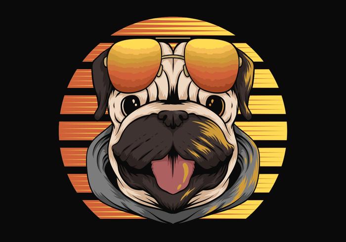 perro pug delante de puesta de sol retro vector