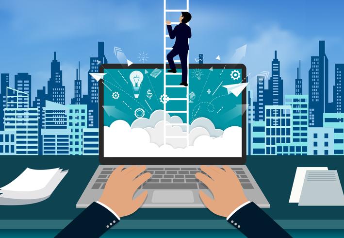 Businessman climbing the stairs to the on sky vector