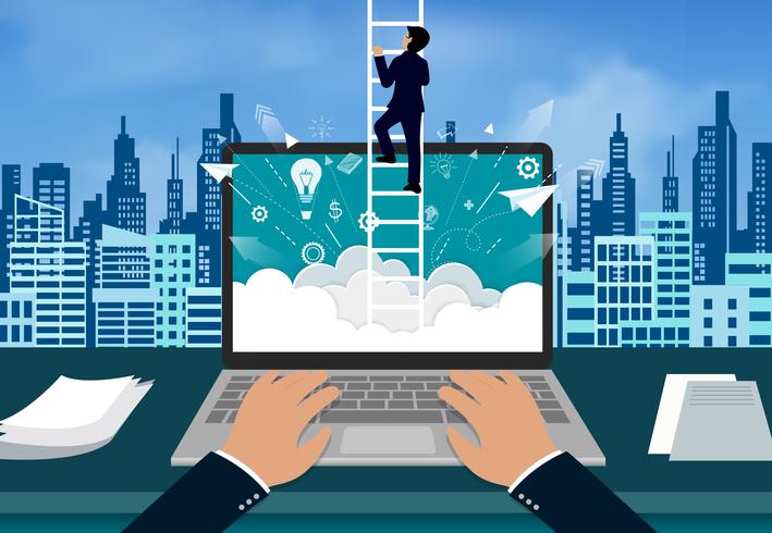 Businessman climbing the stairs to the on sky vector