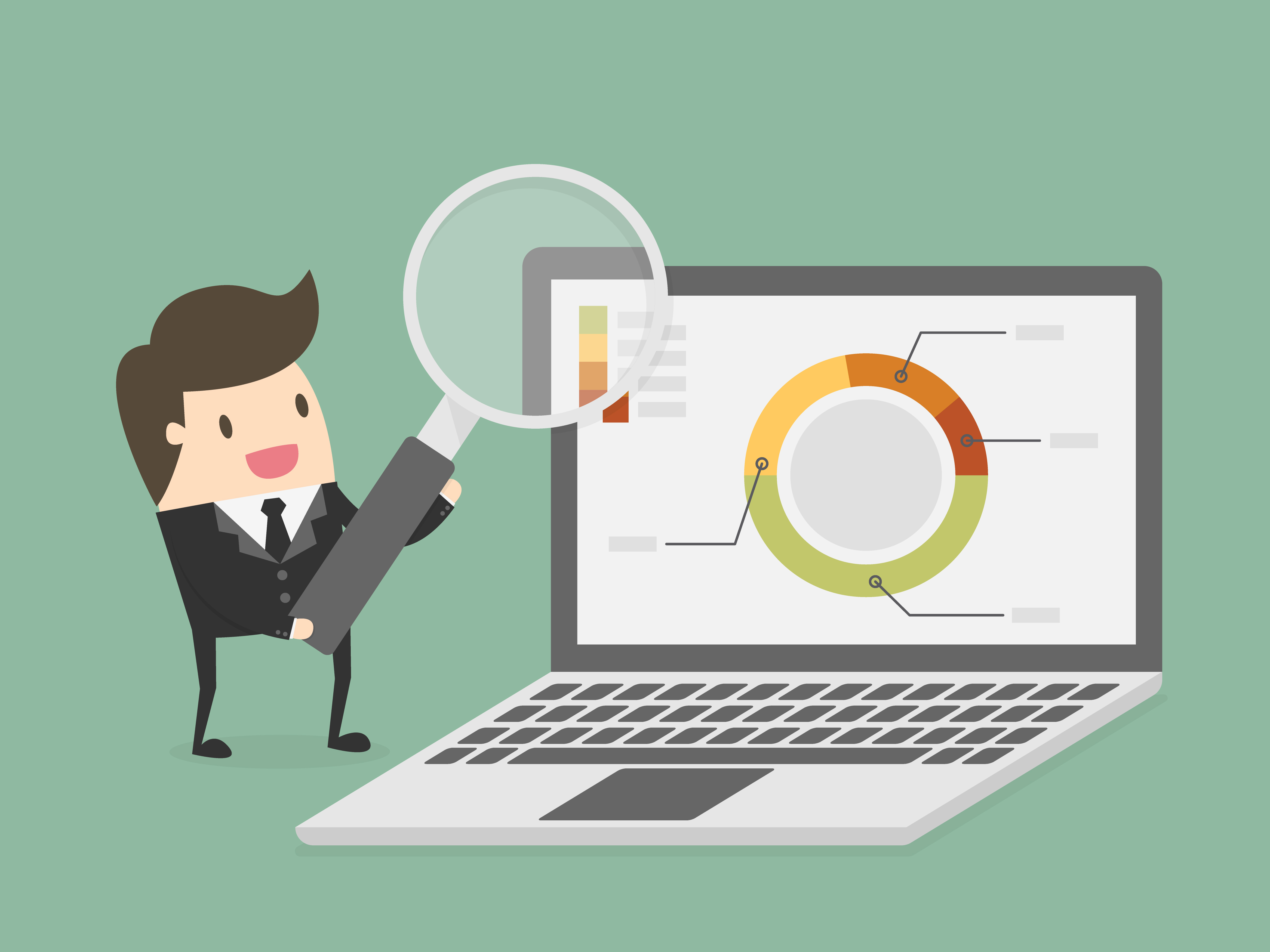 Man holding magnifying glass over research on laptop 663952 Vector Art