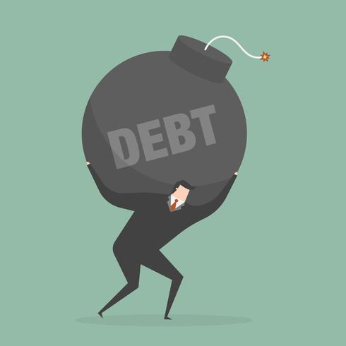 Business man holding debt cannon ball on his shoulders vector