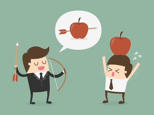 Business man shooting apple off another man's head vector