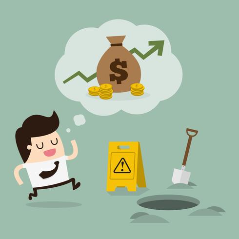 Man running for money about to fall in a hole vector