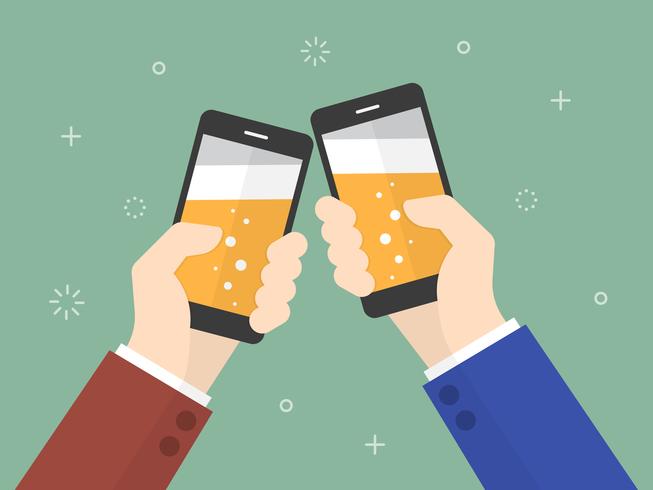 Business people holding smartphone with beer on the screen