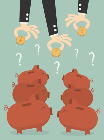 Business men's hands putting coins into piggy banks vector