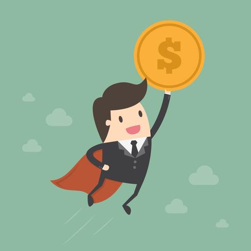 Super Business Man Holding Coin in Sky vector