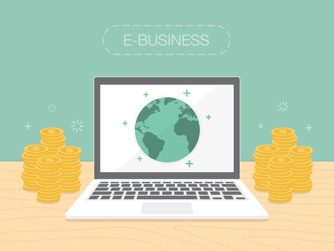 E-Business concept with money stacked around laptop vector