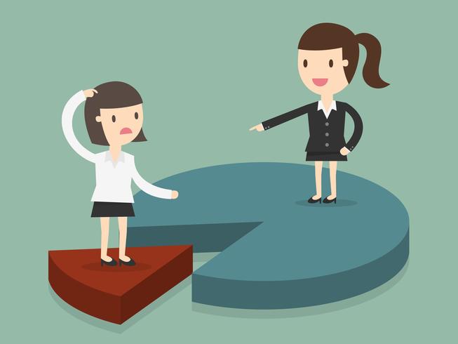 Two women on pie graph. Market share. vector