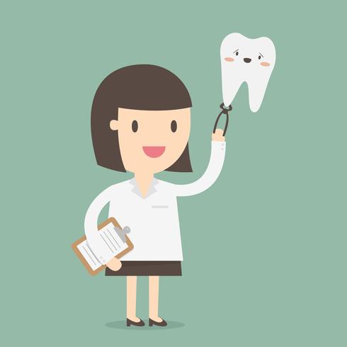 Female dentist holding large smiling tooth vector