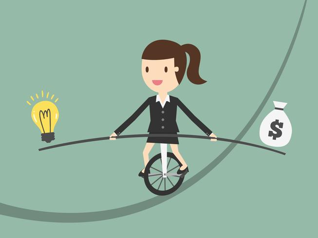 Business woman on tightrope balancing ideas and money vector