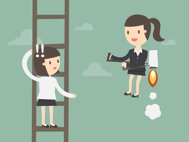 Woman climbs ladder while other uses jetpack vector