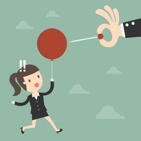 Woman floating on balloon about to get popped vector