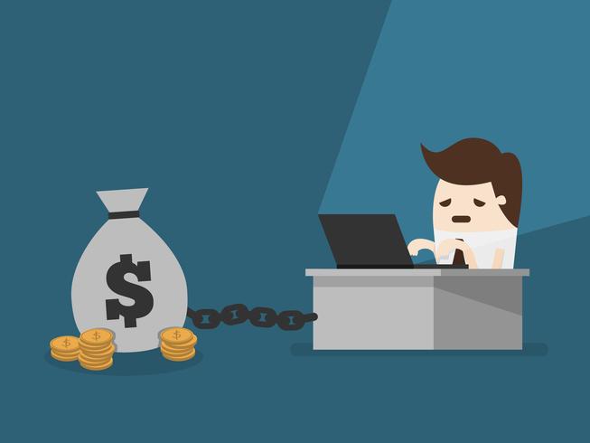 Businessman working at desk chained to money vector