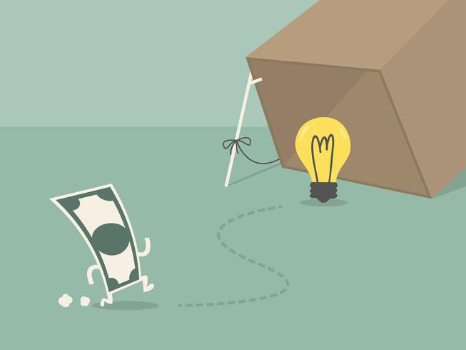 Money running into an idea light bulb box trap vector