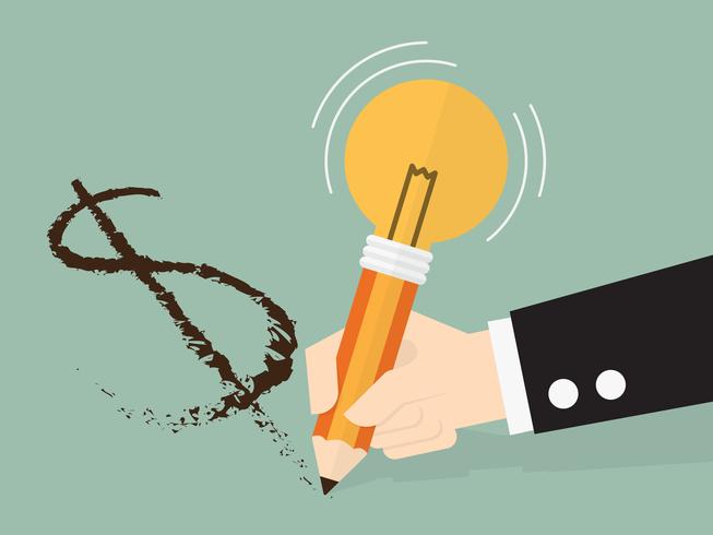 Business man drawing money sign with light bulb pencil vector