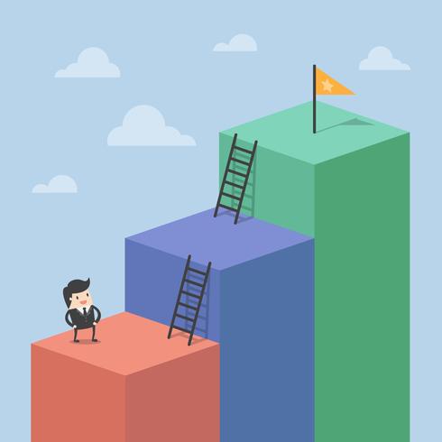 Business man climbing tall blocks to reach flag