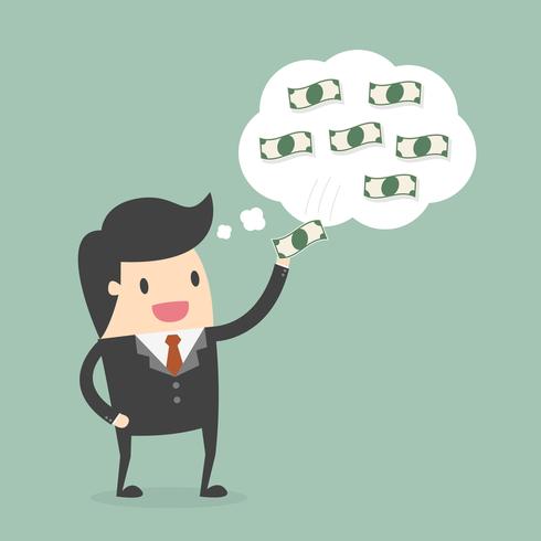 Businessman picking money off his thinking bubble vector