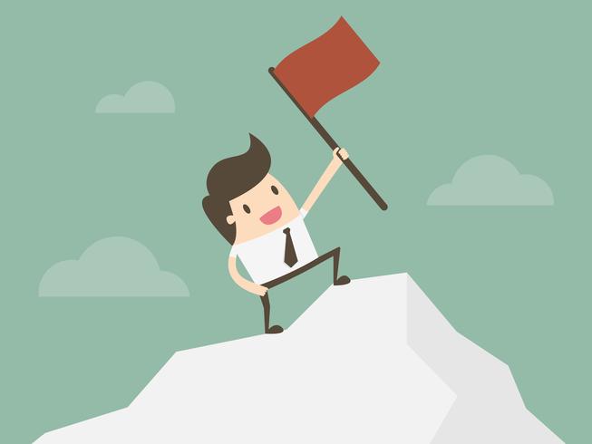 Businessman standing with red flag on mountain peak. vector