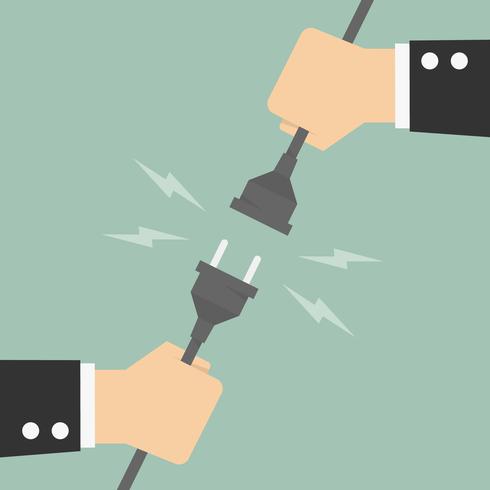 Two hands holding plugs and plugging them in vector