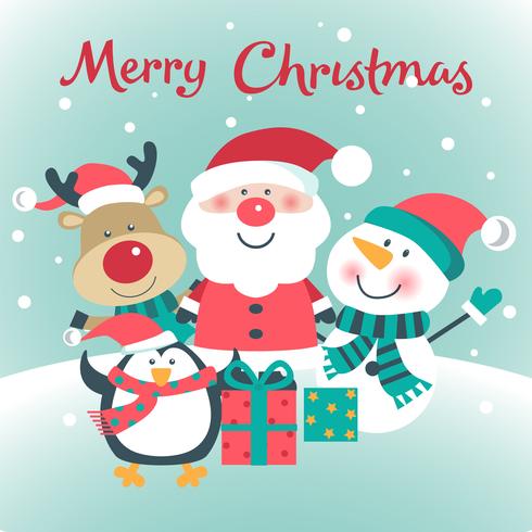 Christmas card with Santa, deer, snowman, penguin. vector