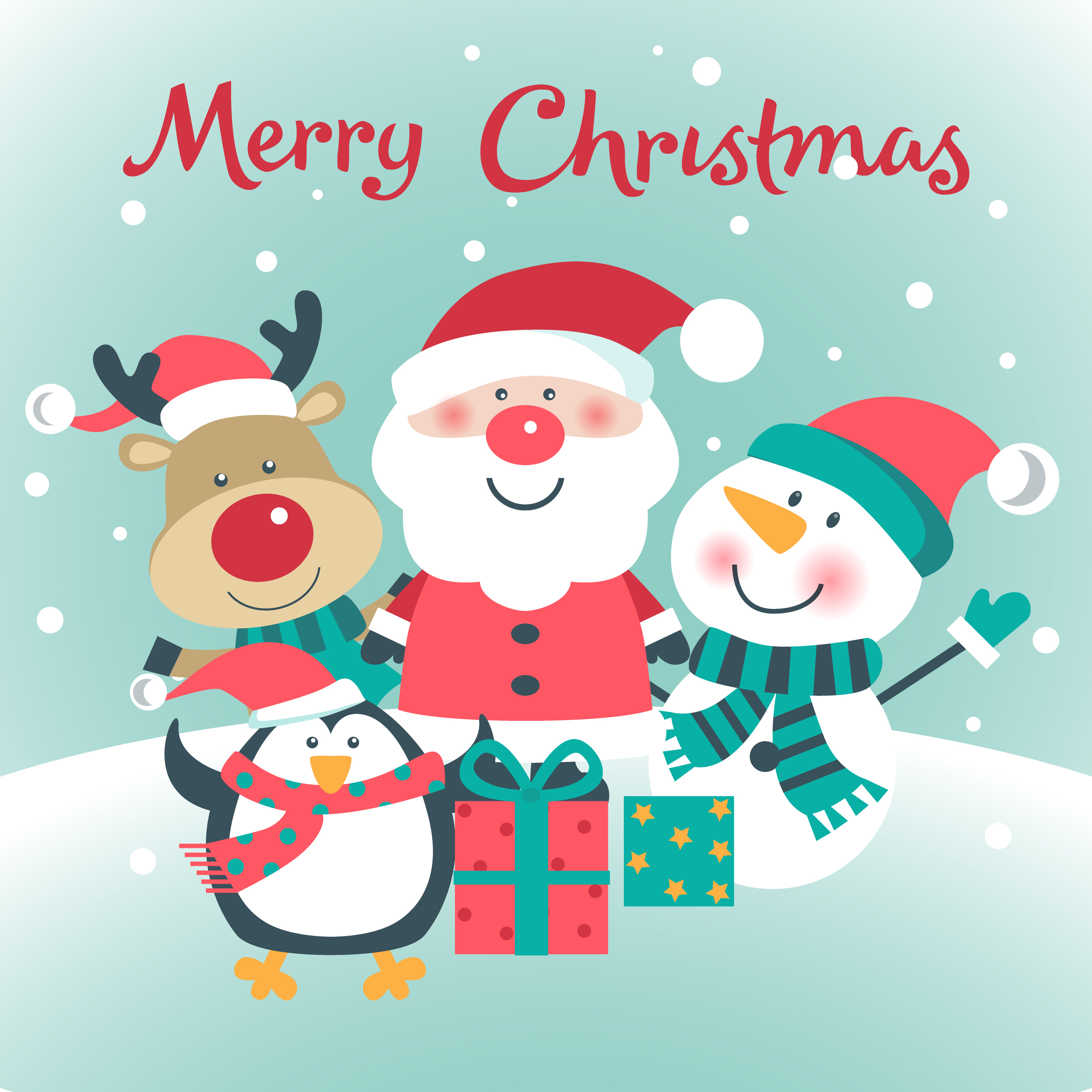Download Christmas Card With Santa Deer Snowman Penguin 664369 Vector Art At Vecteezy