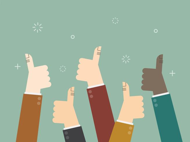 Cheering business people holding many thumbs thumbs up vector