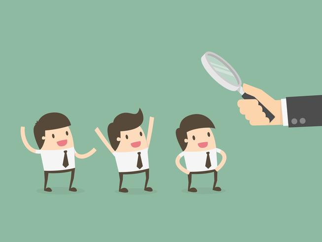 Business man holding magnifying glass looking for employees vector