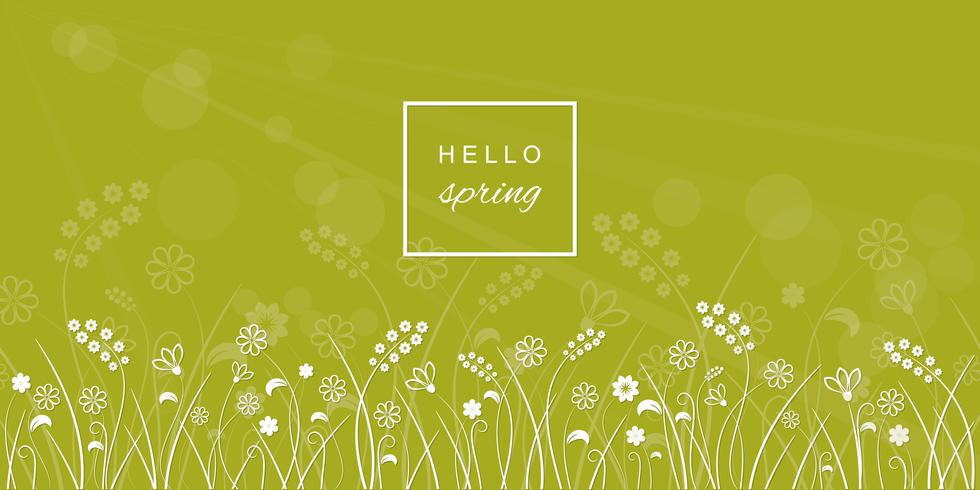 Hello spring letters on meadow blurred background. vector